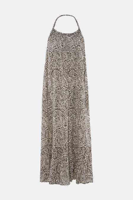 Mouwloos kleedje met zwart en gebroken wit paisley patroon van VILA® met maxi-lengte en halternek.