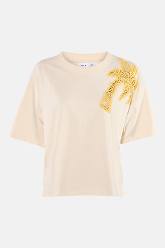 Beige korte mouwen T-shirt van VILA® met gele kant palmboom op schouder, voorzijde weergave