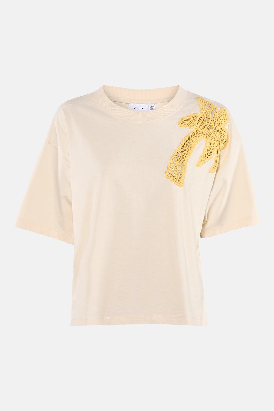 Beige korte mouwen T-shirt van VILA® met gele kant palmboom op schouder, voorzijde weergave