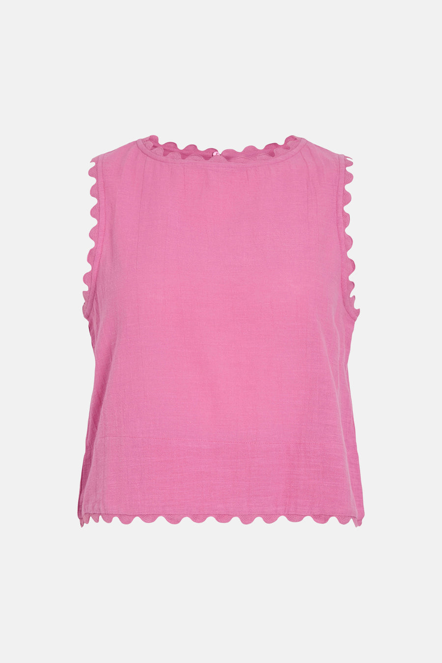 Roze mouwloze blouse van VILA® met lichte textuur en geschulpte randen langs de hals, armsgaten en zoom.