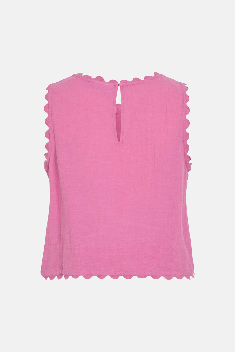 Roze mouwloze blouse van VILA® met gestructureerde stof, geschulpte randen en een sleutelgatdetail aan de achterkant.