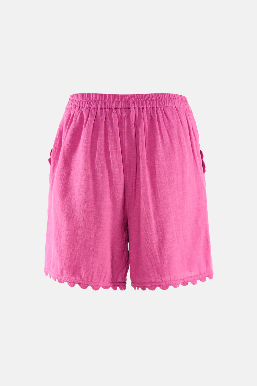 Roze korte broek van VILA® met elastische taille en gebloemde zoom, vooraanzicht