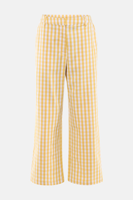 Pantalon jaune de VILA® avec motif à carreaux vichy blanc, jambes larges et passants de ceinture.