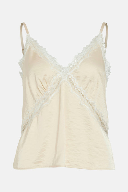 Blouse écru sans manches de VILA® avec détails de bords le la ligne du cou et des petits rubans.