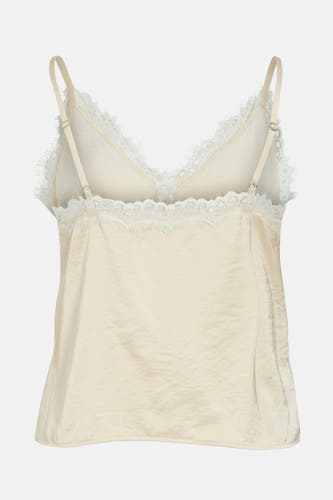 Mouwloze ecru blouse van VILA met kanten details langs de halslijn, gezien van achteren.
