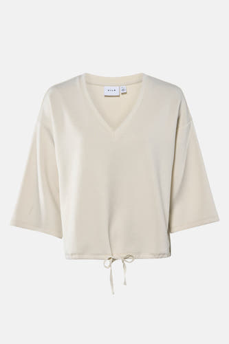 Beige sweater van VILA met korte mouwen en een trekkoord aan de onderkant.
