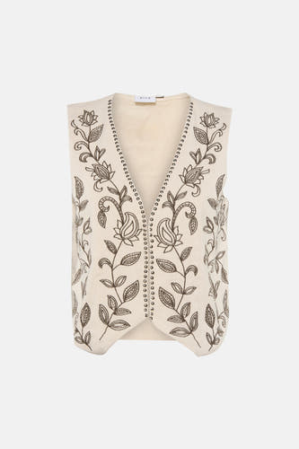 Crèmekleurig gilet van VILA® met donkerbruin bloemenborduurwerk en zilverkleurige studs langs de V-hals.