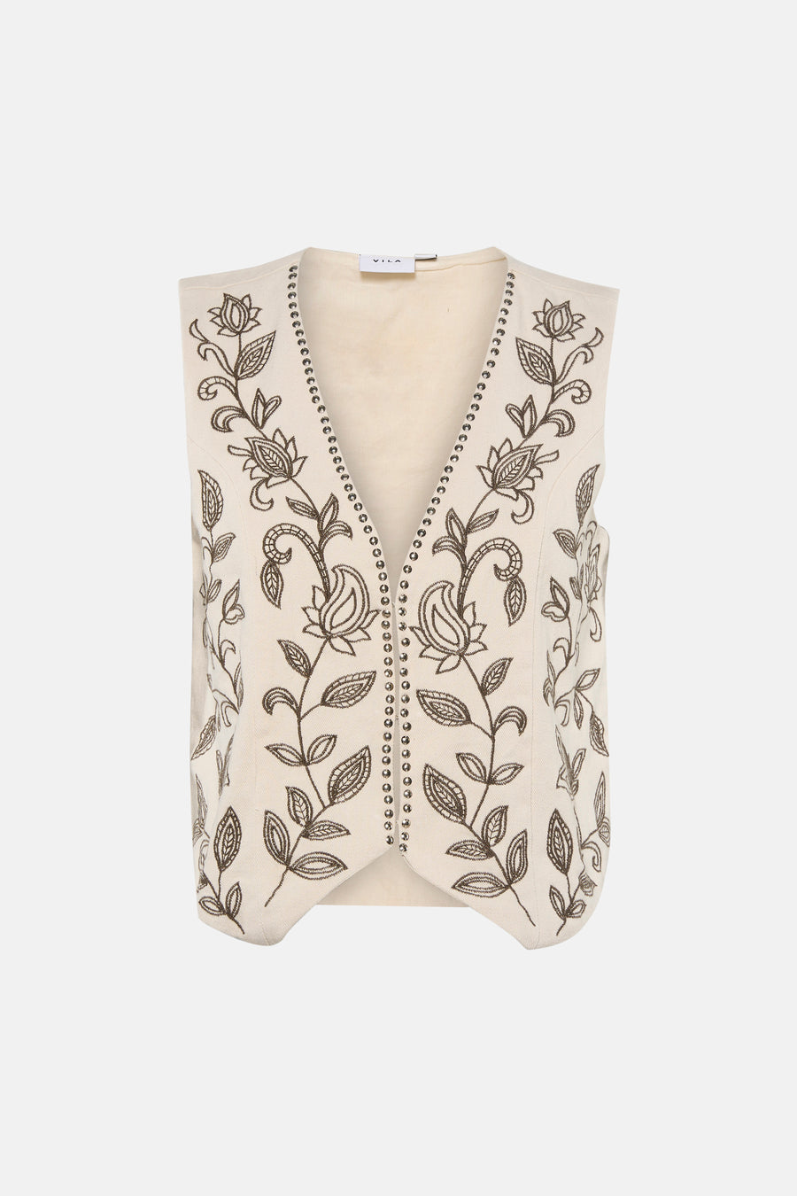 Crèmekleurig gilet van VILA® met donkerbruin bloemenborduurwerk en zilverkleurige studs langs de V-hals.