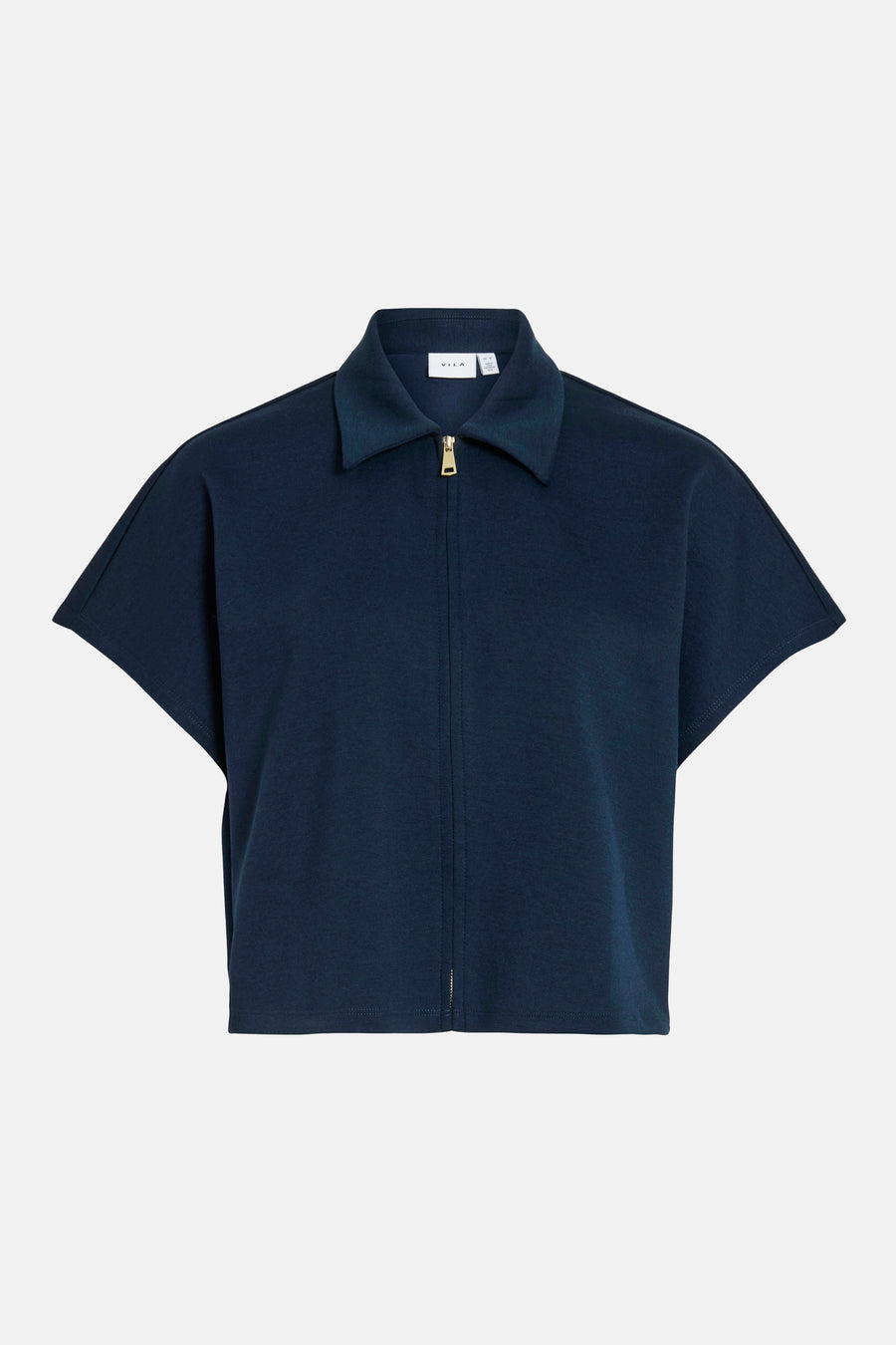 Blauwe sweater van VILA met korte mouwen en een gouden ritssluiting.
