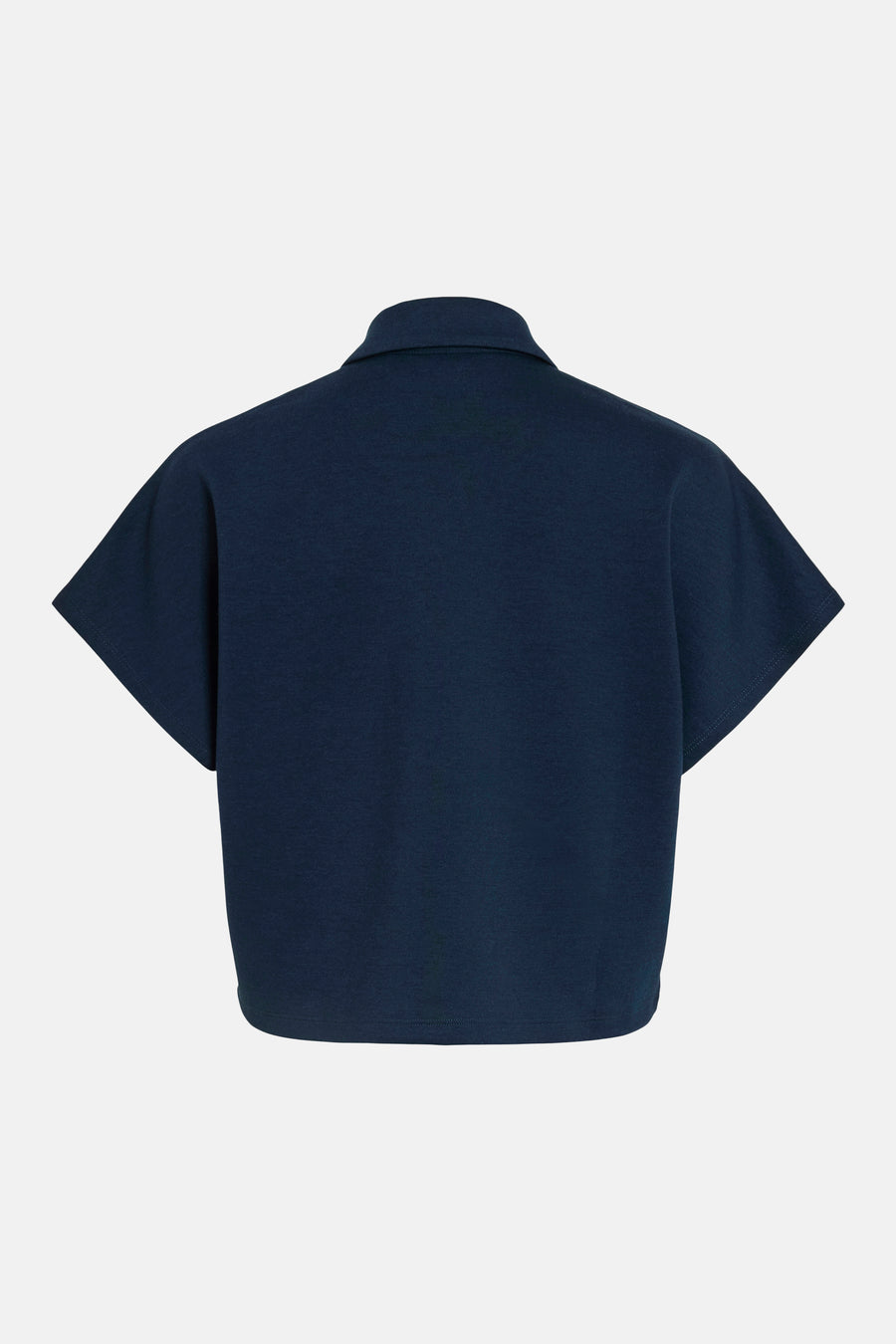 Blauwe sweater van VILA, gezien van achteren met korte mouwen en een kraag.
