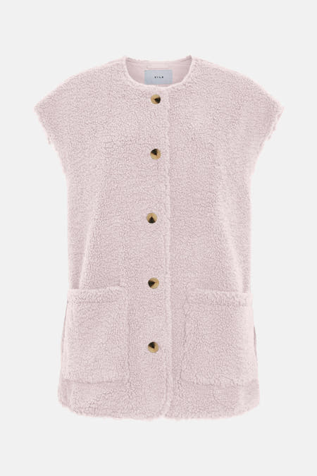 Gilet rose de VILA avec fermeture à boutons, poches et texture douce en teddy.