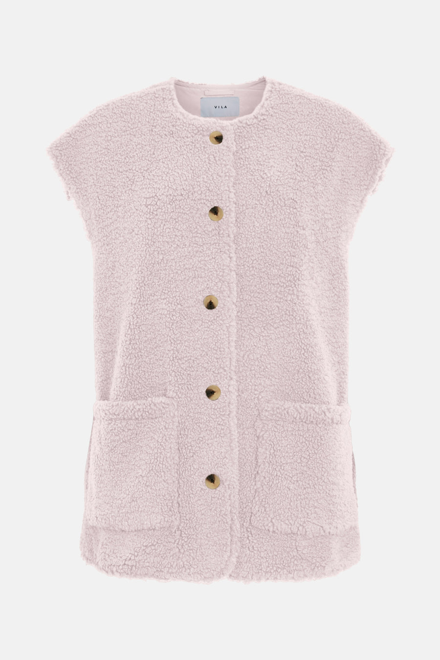 Roze bodywarmer van VILA met knoopsluiting, zakken en een zachte teddy textuur.