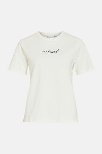 Witte korte mouwen T-shirt van VILA® met zwart 'sunkissed' logo op borst, voorzijde weergave