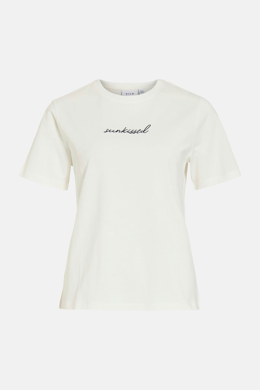 Witte korte mouwen T-shirt van VILA® met zwart 'sunkissed' logo op borst, voorzijde weergave