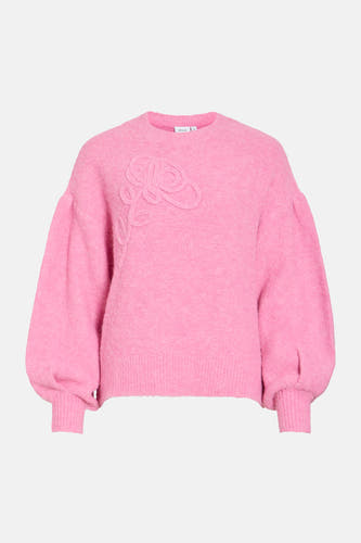 Roze trui met ronde hals van VILA, met bloemmotief en lange pofmouwen.
