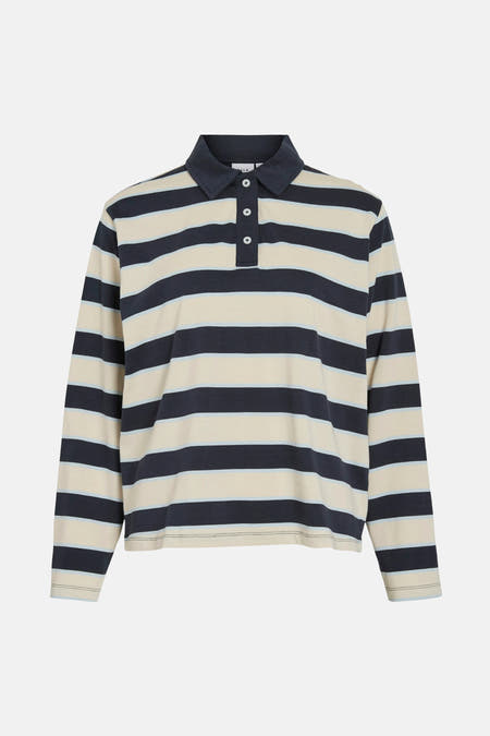 Gilet bleu de VILA® avec des rayures crème et des manches longues, dos.