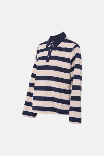 Gilet bleu de VILA® avec des manches longues et un motif rayé en beige et bleu.
