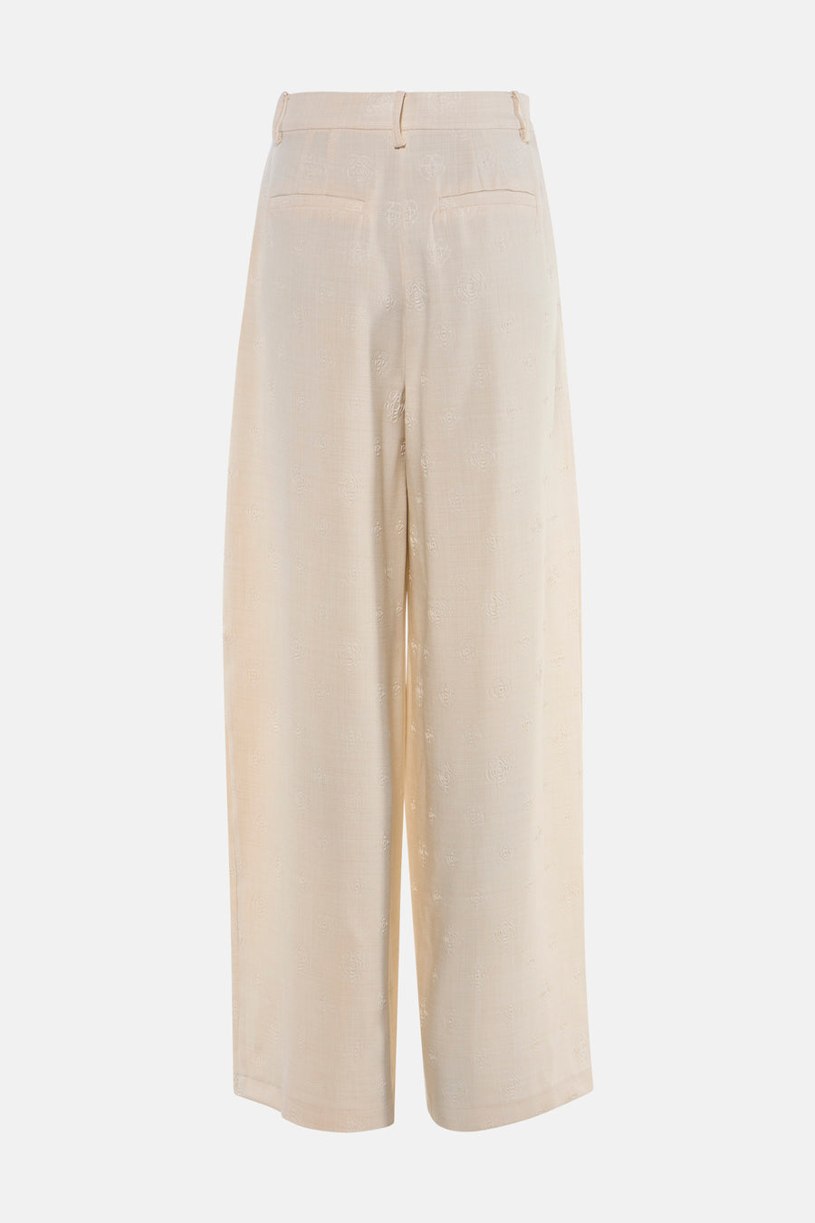 Beige broek van VILA® met een subtiel bloemmotief en wijde pijpen, gezien van achteren.
