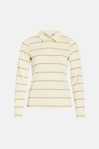 Geel gestreept shirt met lange mouwen van VILA, met een polokraag en subtiele roze accenten.
