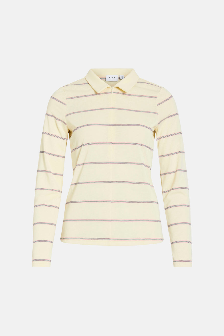 Geel gestreept shirt met lange mouwen van VILA, met een polokraag en subtiele roze accenten.
