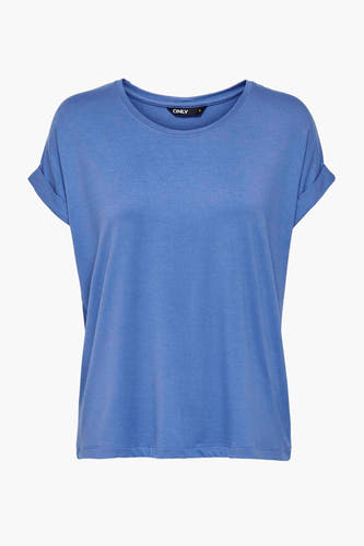 Blauw T-shirt van ONLY met korte mouwen en omgeslagen mouwuiteinden.
