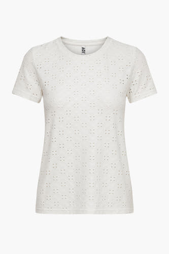 Wit T-shirt van JDY, met korte mouwen en een openwork patroon.
