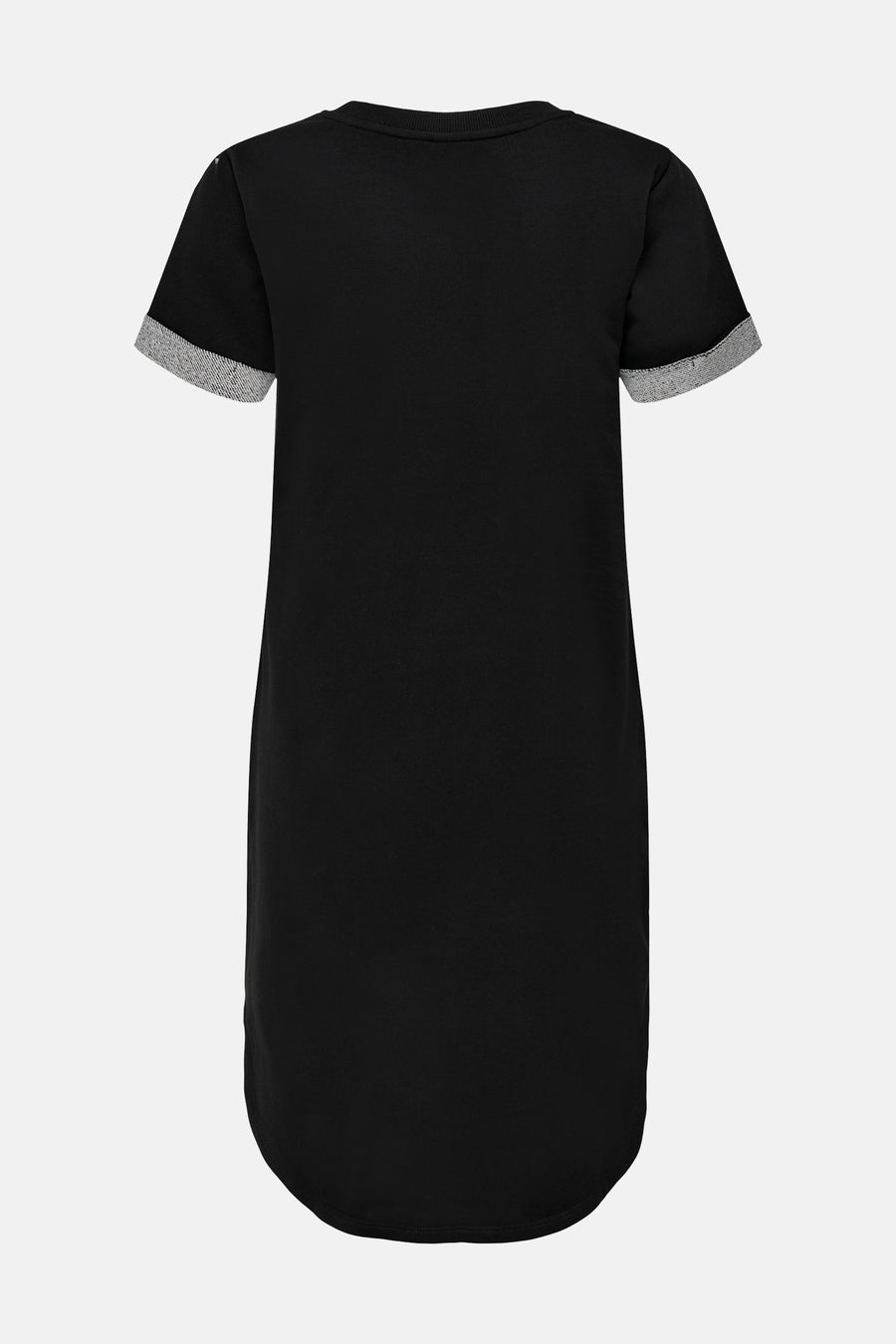 Robe noire à manches courtes de JDY, avec des manchettes grises contrastantes et un col rond.