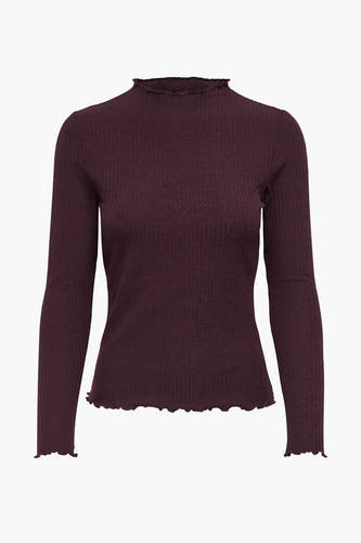 Sweat-shirt bordeaux avec col rond de ONLY, avec côtes et bordure ondulée.