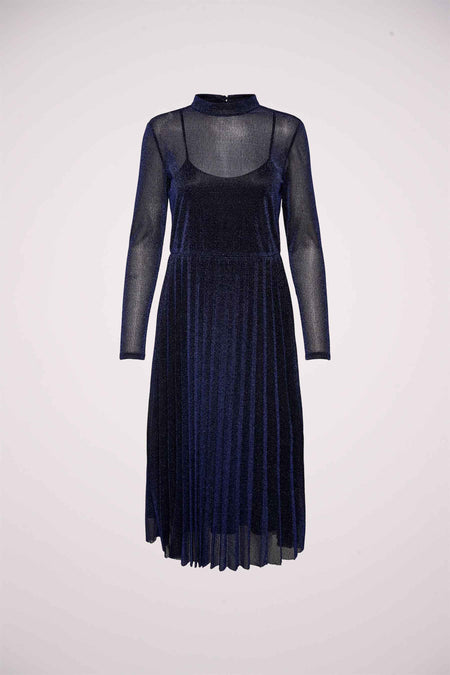 Blauw glimmend lange jurk van ONLY® met transparante mouwen en hoge hals, gerimpelde rok, front view
