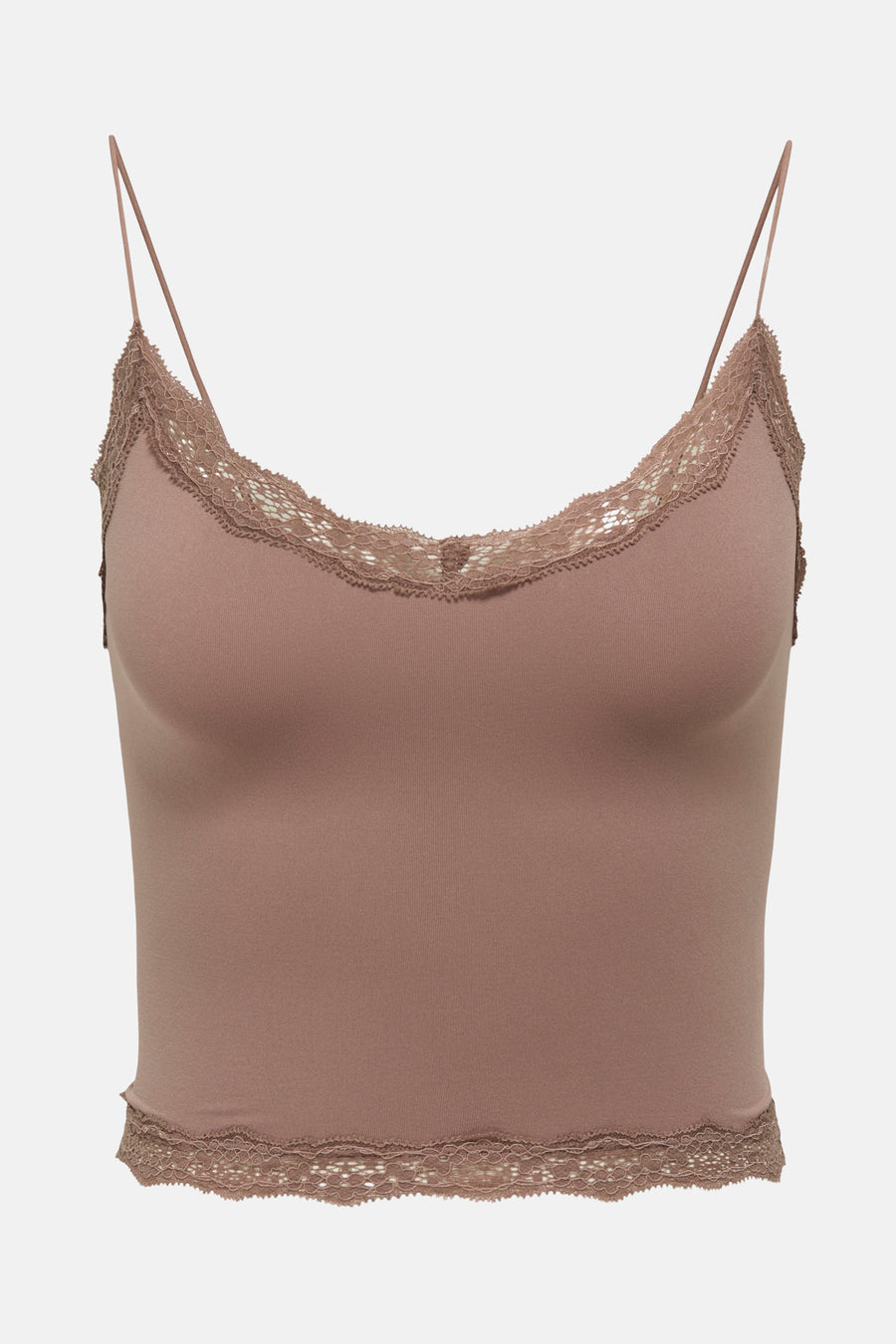 Mokka kleurige camisole met kanten randen.