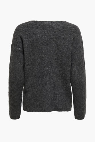 Sweat-shirt gris à col V d'ONLY, vu de l'arrière, avec des manches longues et une texture tricotée.