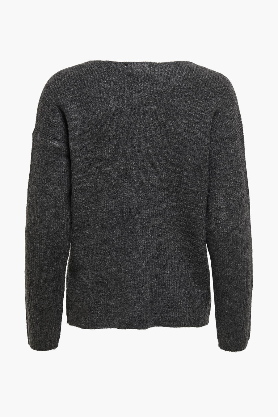 Sweat-shirt gris à col V d'ONLY, vu de l'arrière, avec des manches longues et une texture tricotée.