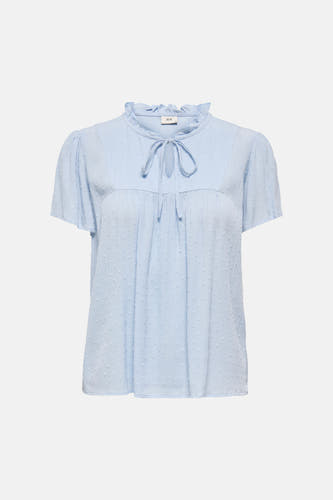 Blauwe blouse met korte mouwen van JDY, met gerimpelde halslijn, striksluiting, pofmouwtjes en gestippelde textuur.