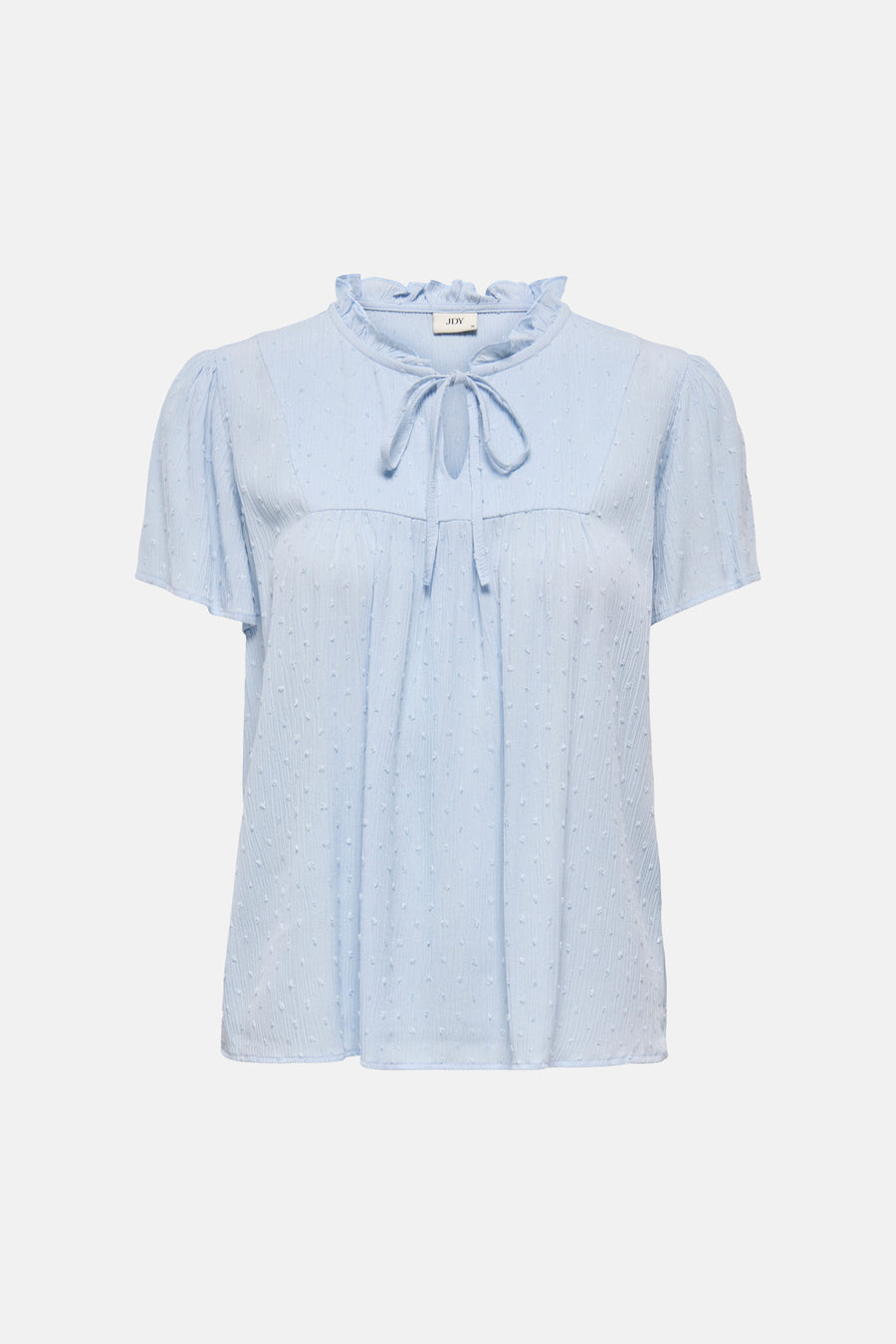 Blauwe blouse met korte mouwen van JDY, met gerimpelde halslijn, striksluiting, pofmouwtjes en gestippelde textuur.
