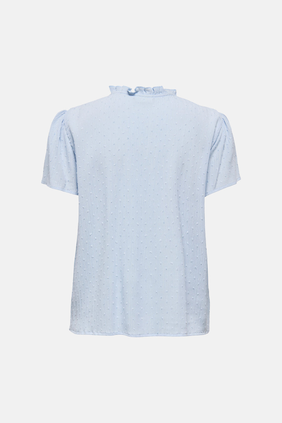 Lichtblauwe blouse met korte mouwen van JDY, met gestructureerde stof, rucheskraag en rugzicht.