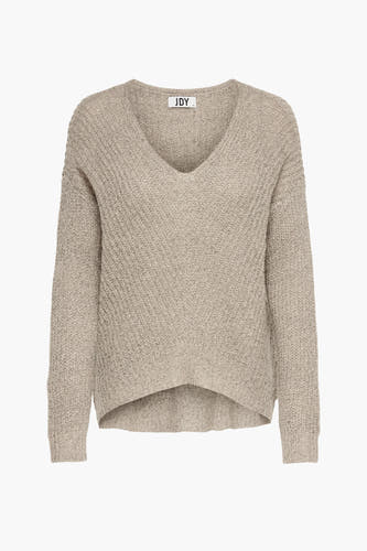 Pull marron avec col V de JDY, texture tricotée et zoom asymétrique.
