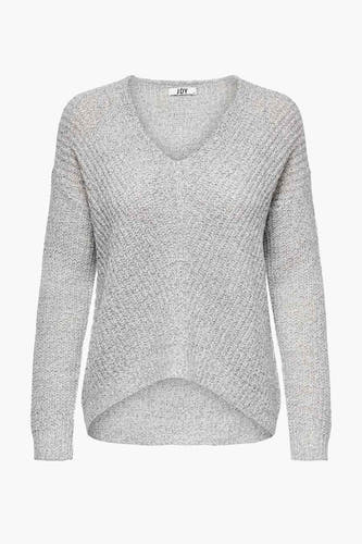 Witte trui met V-hals van JDY, met een fijngebreide textuur en een subtiel diagonaal patroon.
