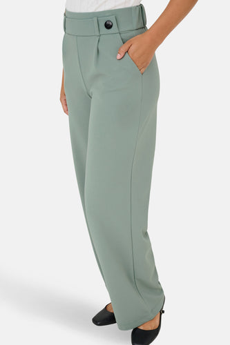 Groene pantalon met hoge taille, knoopdetail en zwarte schoenen.