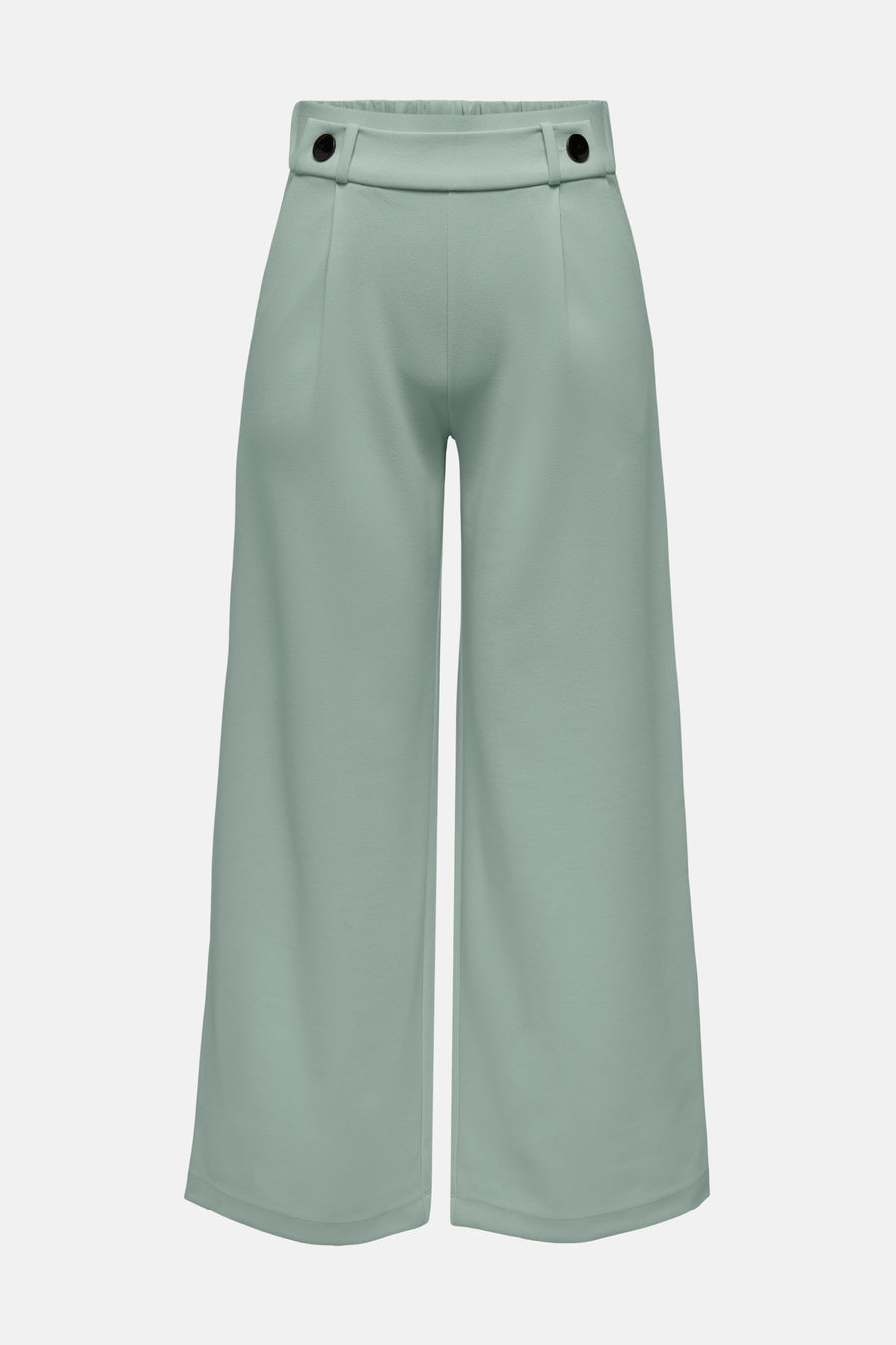 Mintgroene, wijde damesbroek met knopen.
