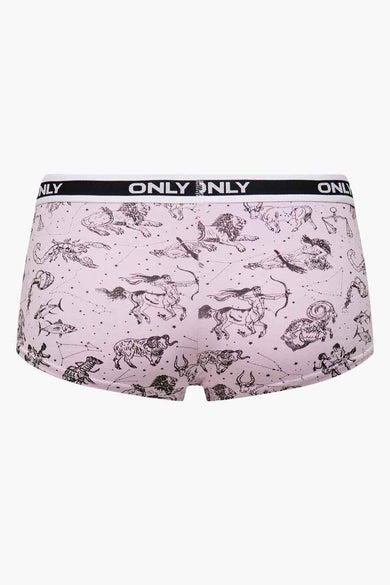 Paarse boxershort met sterrenbeeldprint van ONLY, voorzien van zwarte tailleband met wit logo, front view