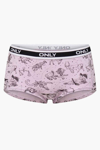 Paarse boxershort met sterrenbeeldprint van ONLY, met zwarte tailleband en witte rand, front view