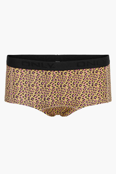 Roze luipaardprint boxershort van ONLY® met zwarte tailleband en subtiel logo, front view
