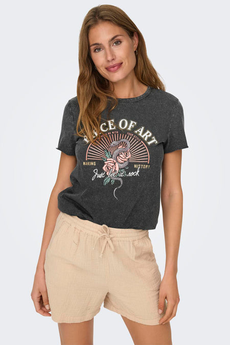Zwart T-shirt met korte mouwen van ONLY, met grafische print van een slang en rozen.