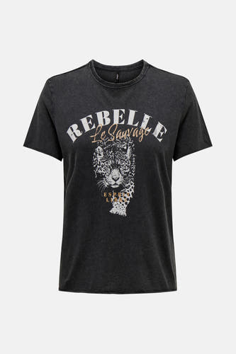 Zwart T-shirt van ONLY met een grafische print van een luipaard en de tekst "Rebelle le Sauvage".