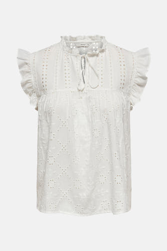 Witte mouwloze blouse van ONLY, met kanten details, een ruffle kraag en een gestrikt halsdetail.
