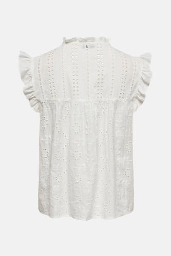 Witte blouse zonder mouwen van ONLY, met broderie details en een rucheskraag.
