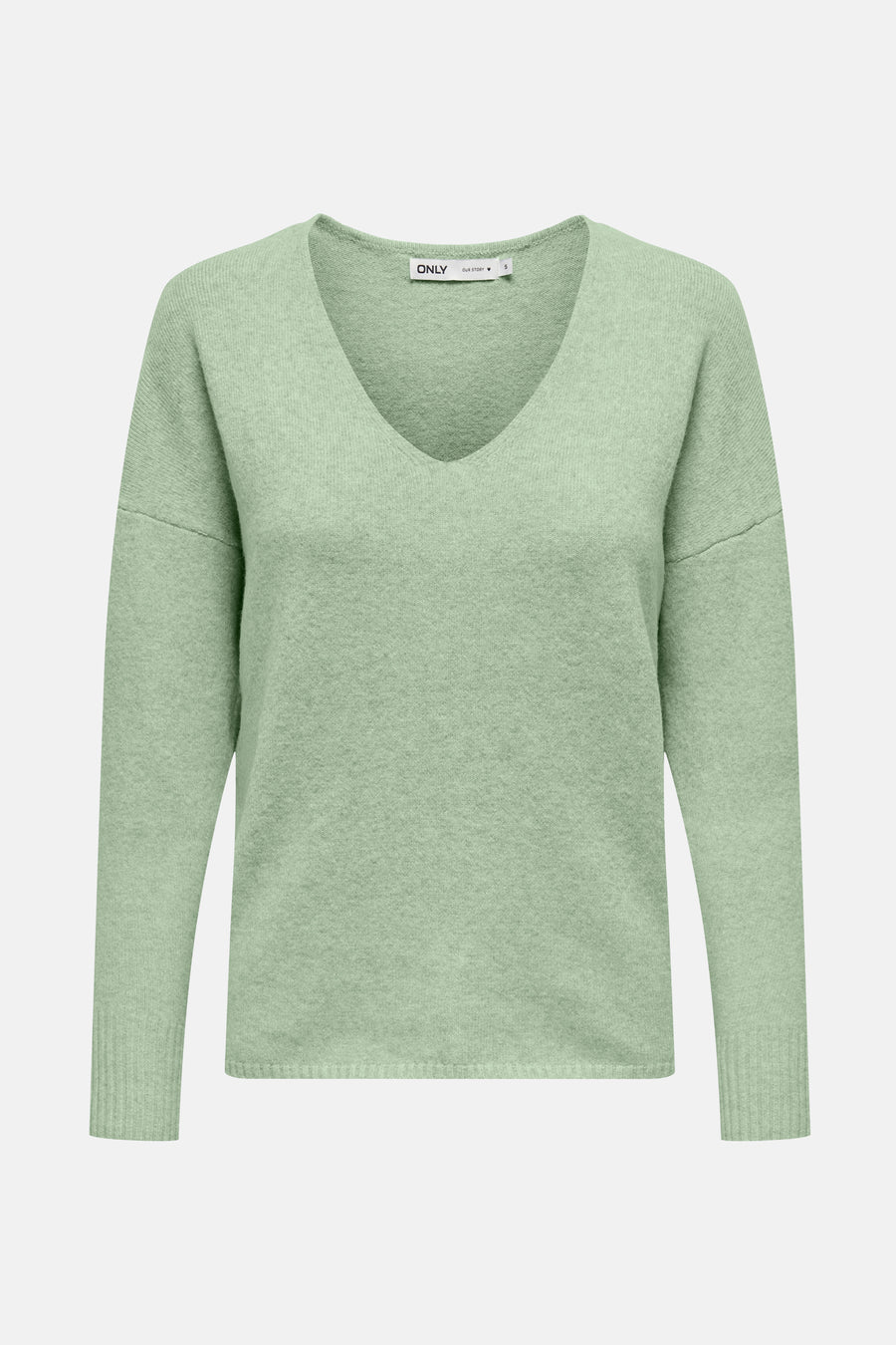 Groene V-hals trui van ONLY, met lange mouwen en een fijngebreide textuur.
