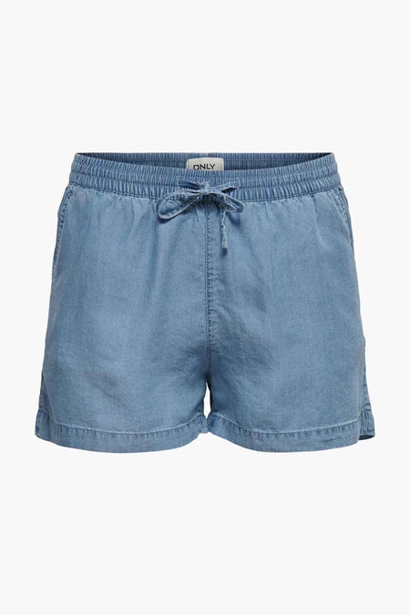 Mid-blauwe denim shorts van ONLY® met elastische tailleband, trekkoord en opgerolde pijpen.