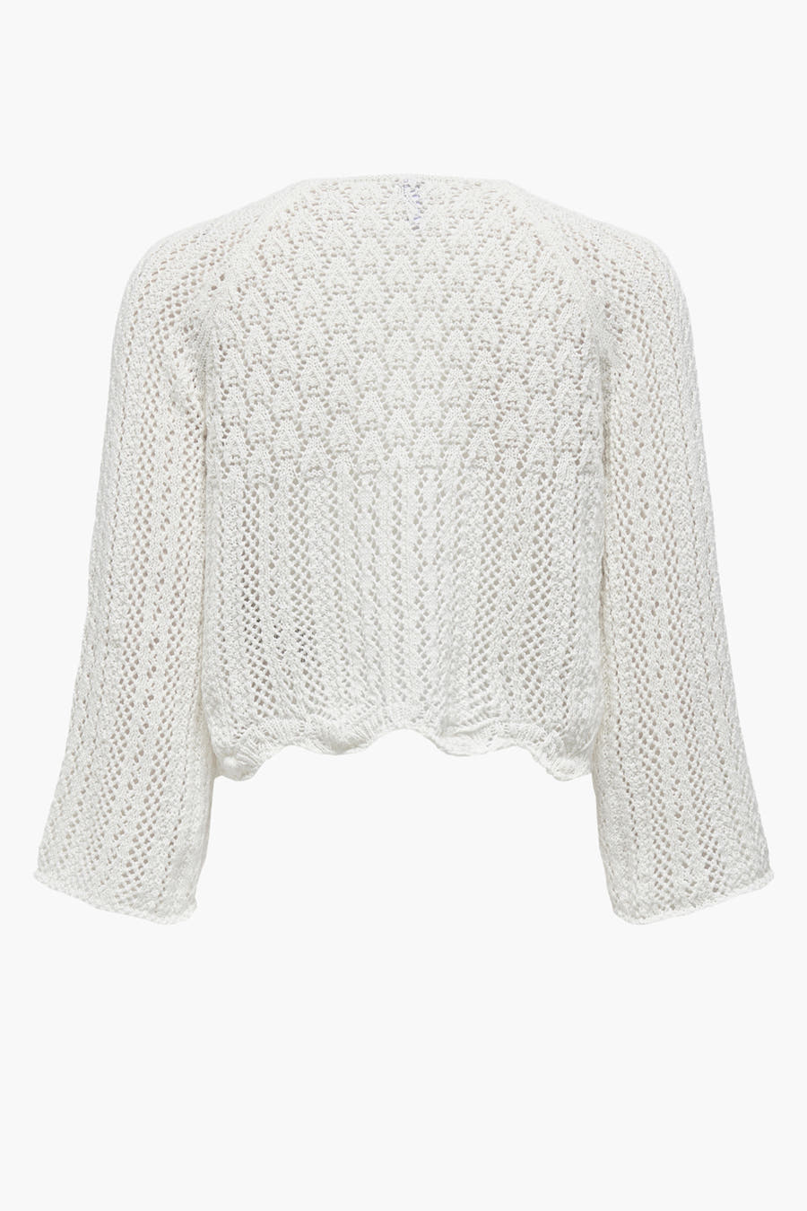 Ecru trui met ronde hals van ONLY, met open gebreid patroon en lange mouwen, achterkant weergegeven.
