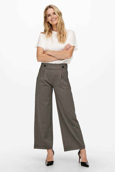 Grijze broek van JDY, met een houndstooth-ruitpatroon, hoge taille en wijde pijpen.